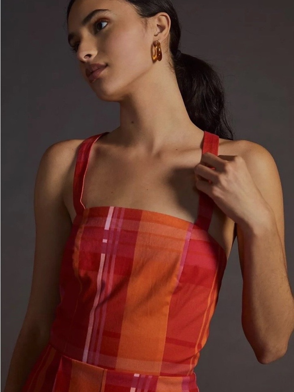 Anthropologie Corey Lynn Calter Orange & Red Plaid Wide-Leg Jumpsuit-NWOT - Picture 3 of 5